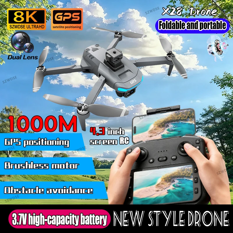 Nuevo Dron X28 8K profesional WIFI GPS HD fotografía sin escobillas plegable Quadcopter pantalla grande de 4,3 pulgadas RC distancia Drone Juguetes