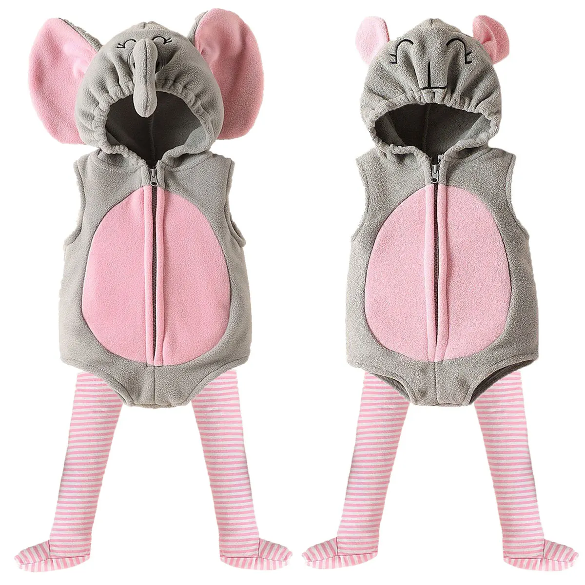 Umorden Cartoon Little Elephant Mouse Costume for Baby Infant Girls Hooded Sleeveless Short Romper With Pink Striped Stockings