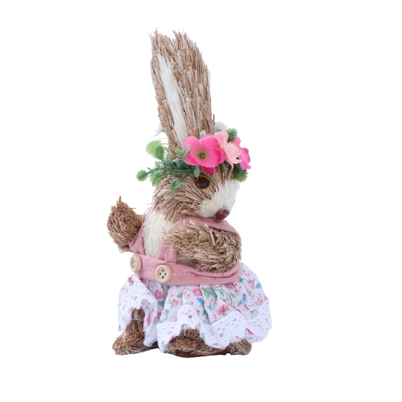 Y1UB Easter Straw Rabbit Ornament for Creative Artificial Bunny for Doll with Flower Wreath Apron Standing Figurine Holiday Home