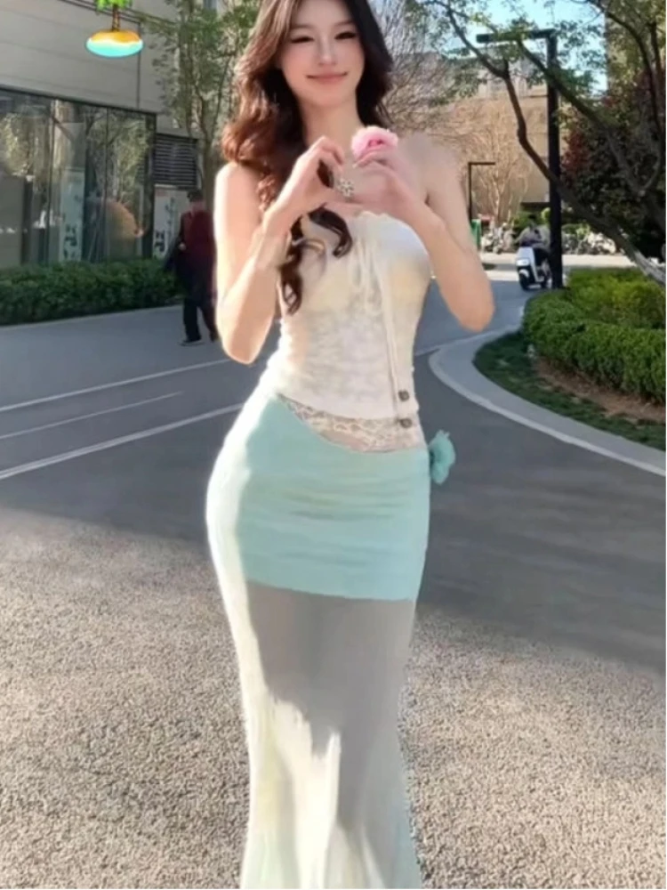 

Women Two Piece Set Lace Tube Top Mesh Slim Fit Long Skirt Elegant Y2k Outfit Summer Vacation Look Fashion Beachwear Clothes New