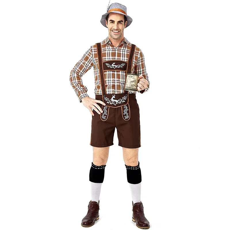 Men's Oktoberfest Lederhosen With Suspenders Hat Costumes Set For Man Party Cosplay Waiter Farmer Game Costumes Size M -2XL