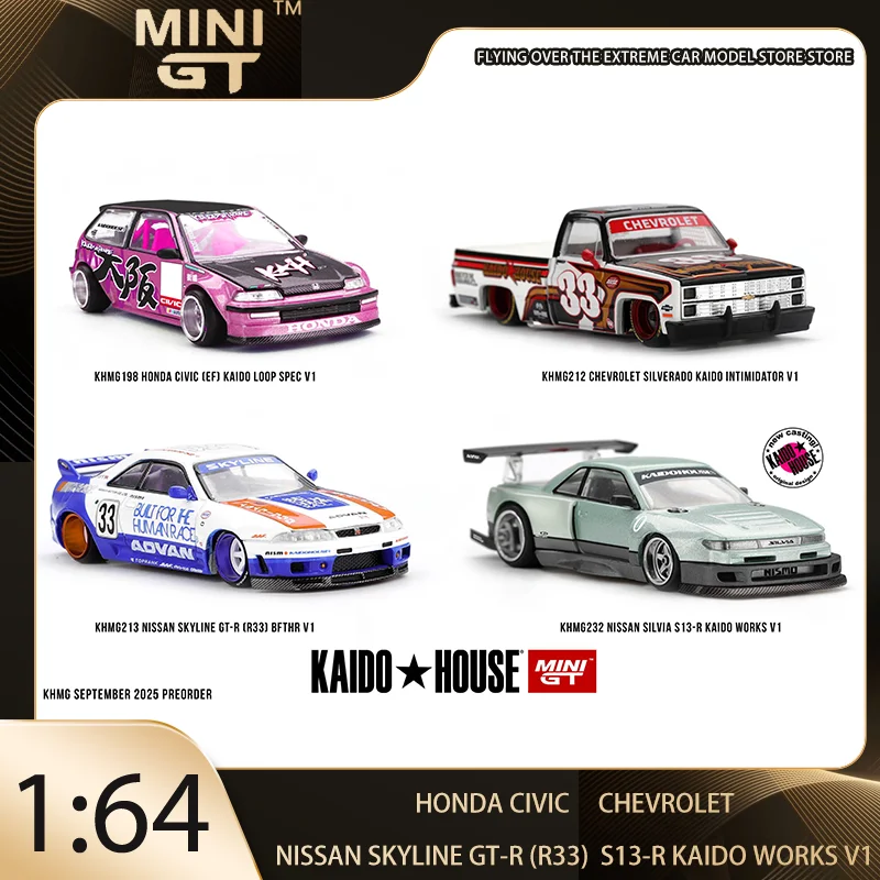 

Kaido House + MINIGT 1:64 Nissan Skyline GT-R (R33) BFTHR V1 Chevrolet Silverado KAIDO Intimidator V1 Модель автомобиля из сплава в подарок