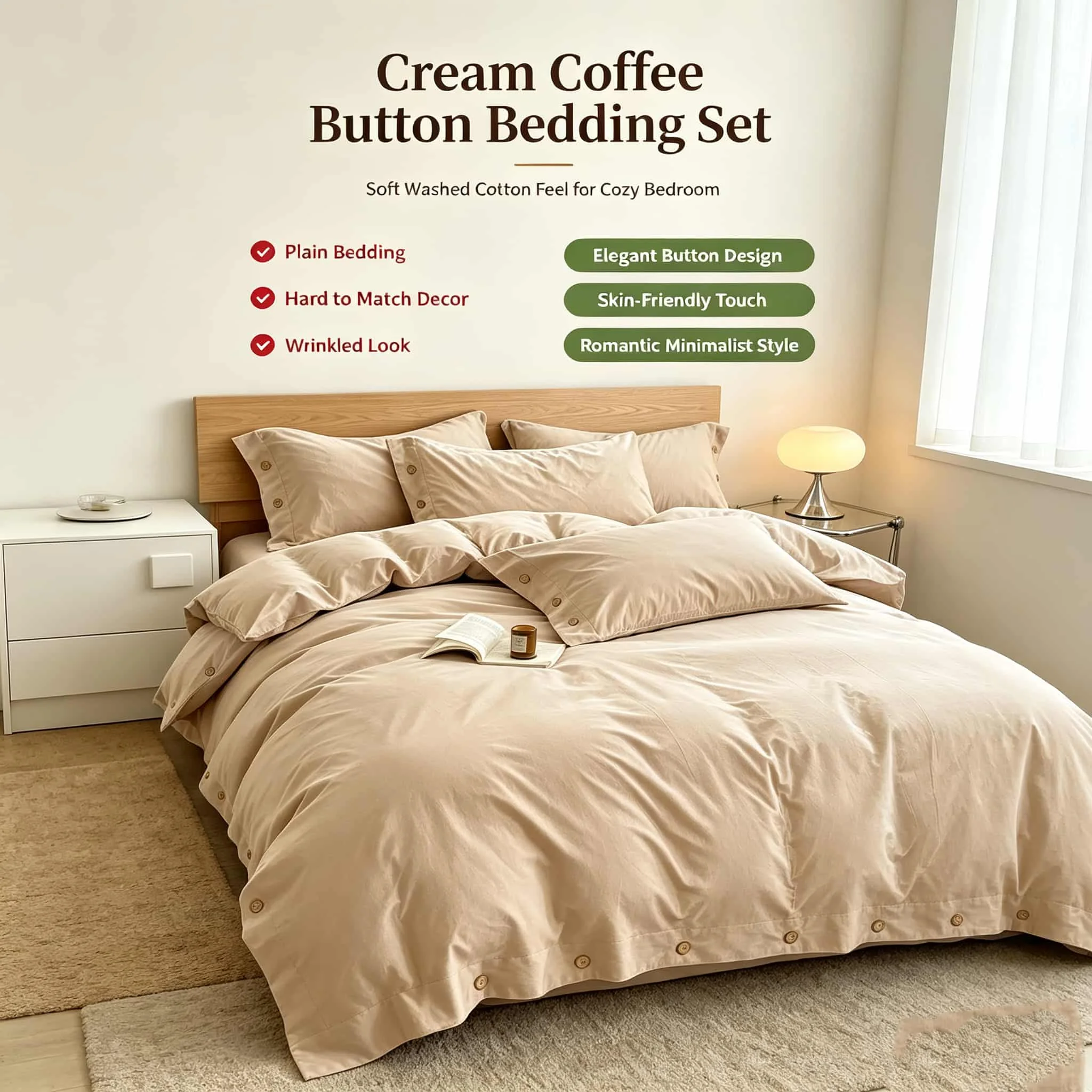 Wood Button Solid Duvet Cover Bedding Set, Antimicrobial Skin Friendly Fabric, Multi Size Bedding Sets and Components
