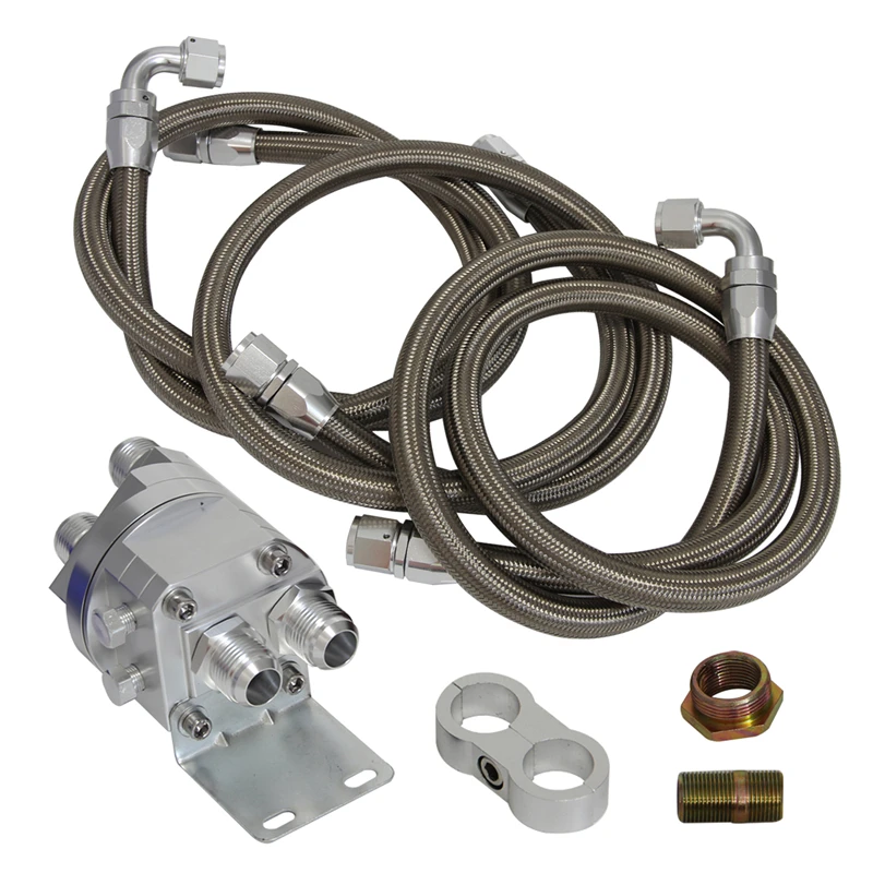 

Black/Silver/Blue AN10 Oil Cooler Relocation Kit Oil Filter Sandwich Adapter With Braided Oil Hoses Stainless Steel Nylon Tube