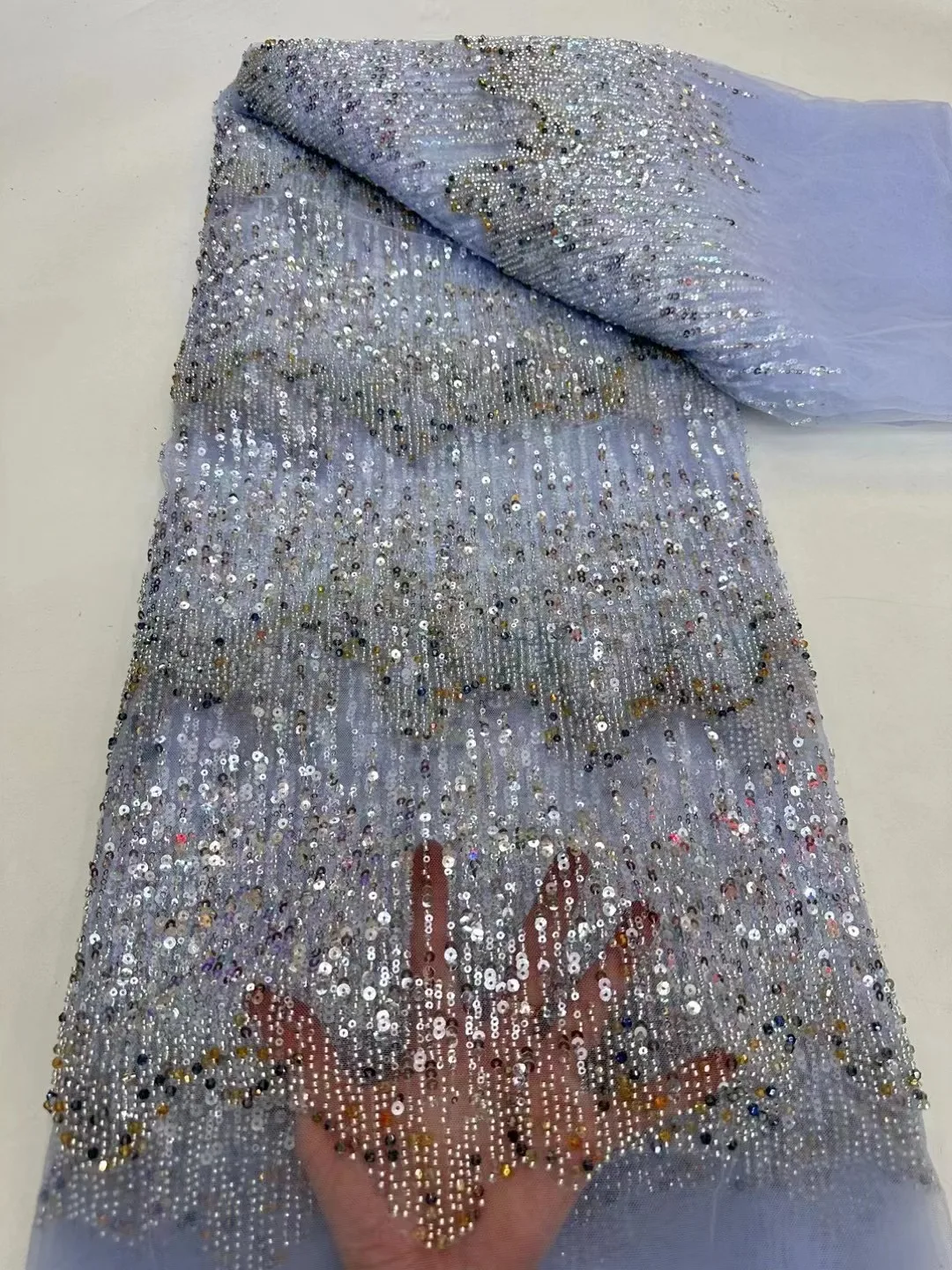 

African 3D Beaded Lace Fabric 2023sky blue High Quality French Sequins Tulle Mesh Lace Bridal For Nigerian Wedding Dress Sewing