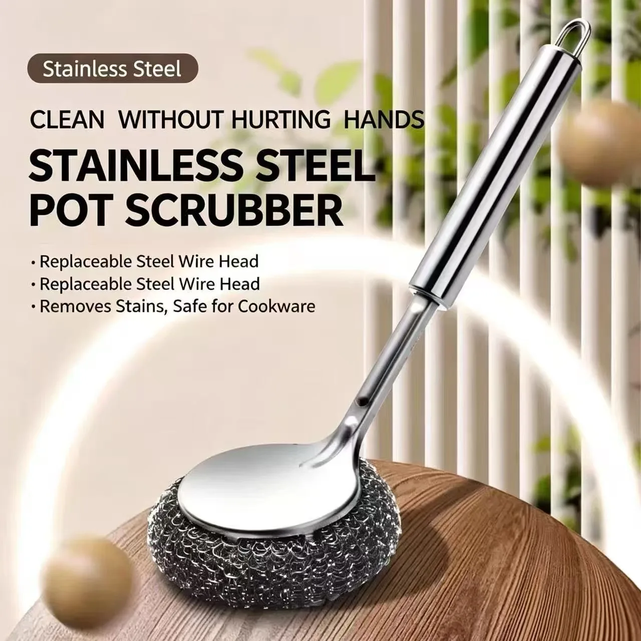 Kitchen Specific Cleaning and Scrubbing Tool for Pots and Bowls, Long Handled Steel Wire Ball Brush, Bowl Brush