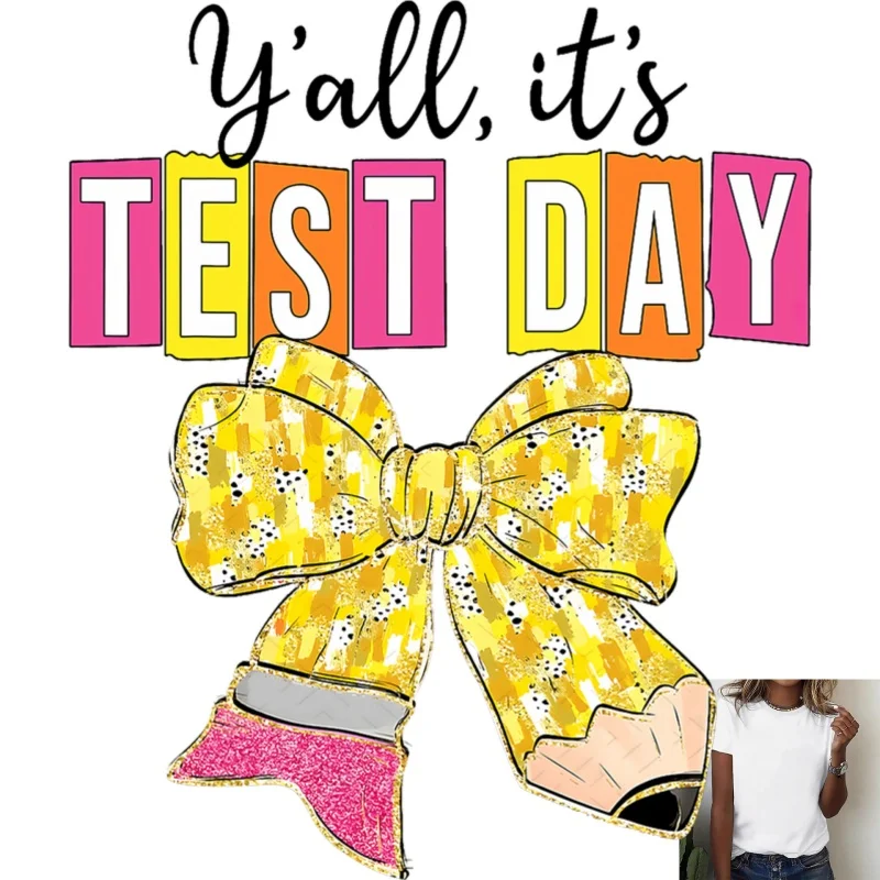 Fun Test Day Theme Heat Transfer White Ink Iron - on, Creative Bow - Pencil Pattern, Suitable for T - shirts/Canvas Bags,
