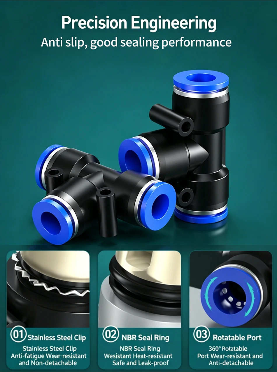 5PCS PE Pneumatic Tee Fitting - Plastic Push in Air Connector Tube Quick Release Hose Pipe Adapter for 4mm 6mm 8mm 10mm 12mm T&I Online Store