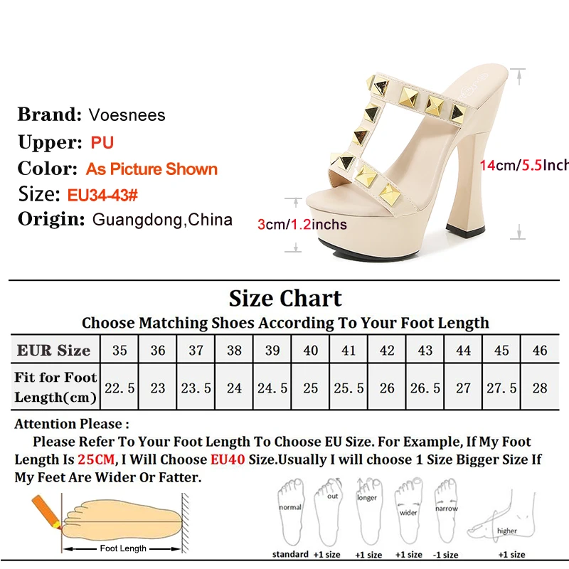 14CM High Heels Slippers Women Platform Sandals Rome Style Metal Rivet Chunk Heels Sexy T-band Summer Hollow Out Models Shoes