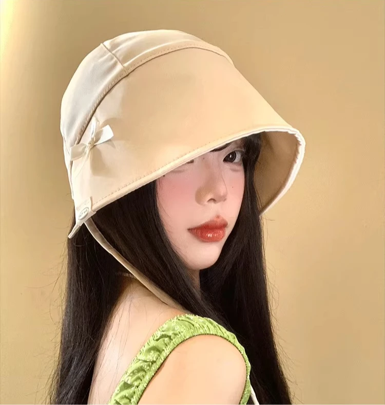 Korean Satin Bow Sunscreen Loli Hat Women Spring Summer Lace-up Anti-ultraviolet Bucket Hat Showing Face Small Pullover Sun Hat