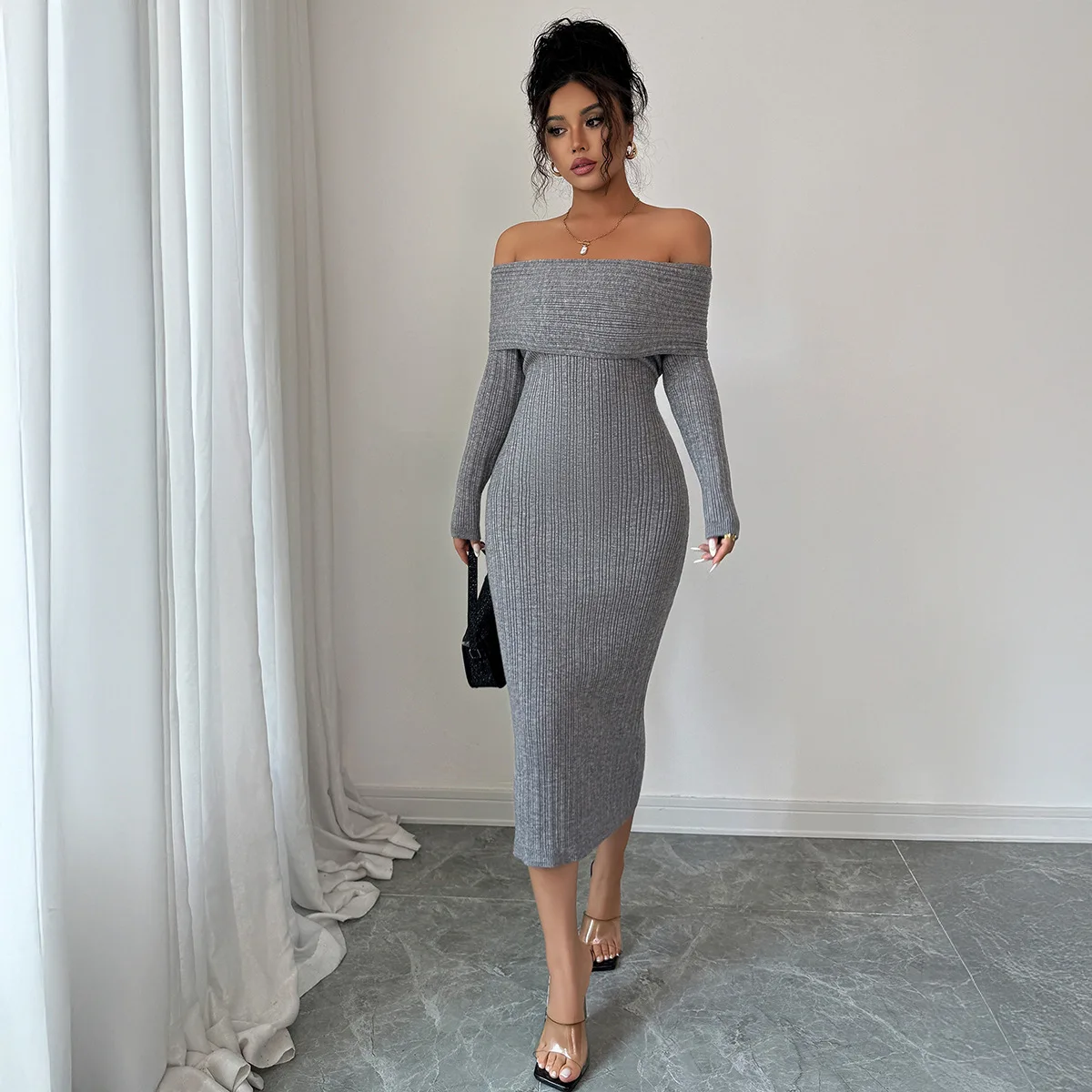 

Party Dress Women Bodycon Dresses Solid Slash Neck Long Sleeve Sheath Night Vestidos Sexy Slim Ankle Length Dress Summer