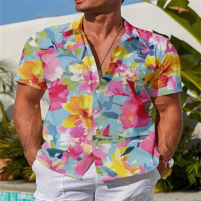 2024 Hot Sale Men\'s Lapel Short Sleeve Hawaiian Shirt Fashion Trend Floral Print Casual Cardigan Summer Lace Holiday Shirt