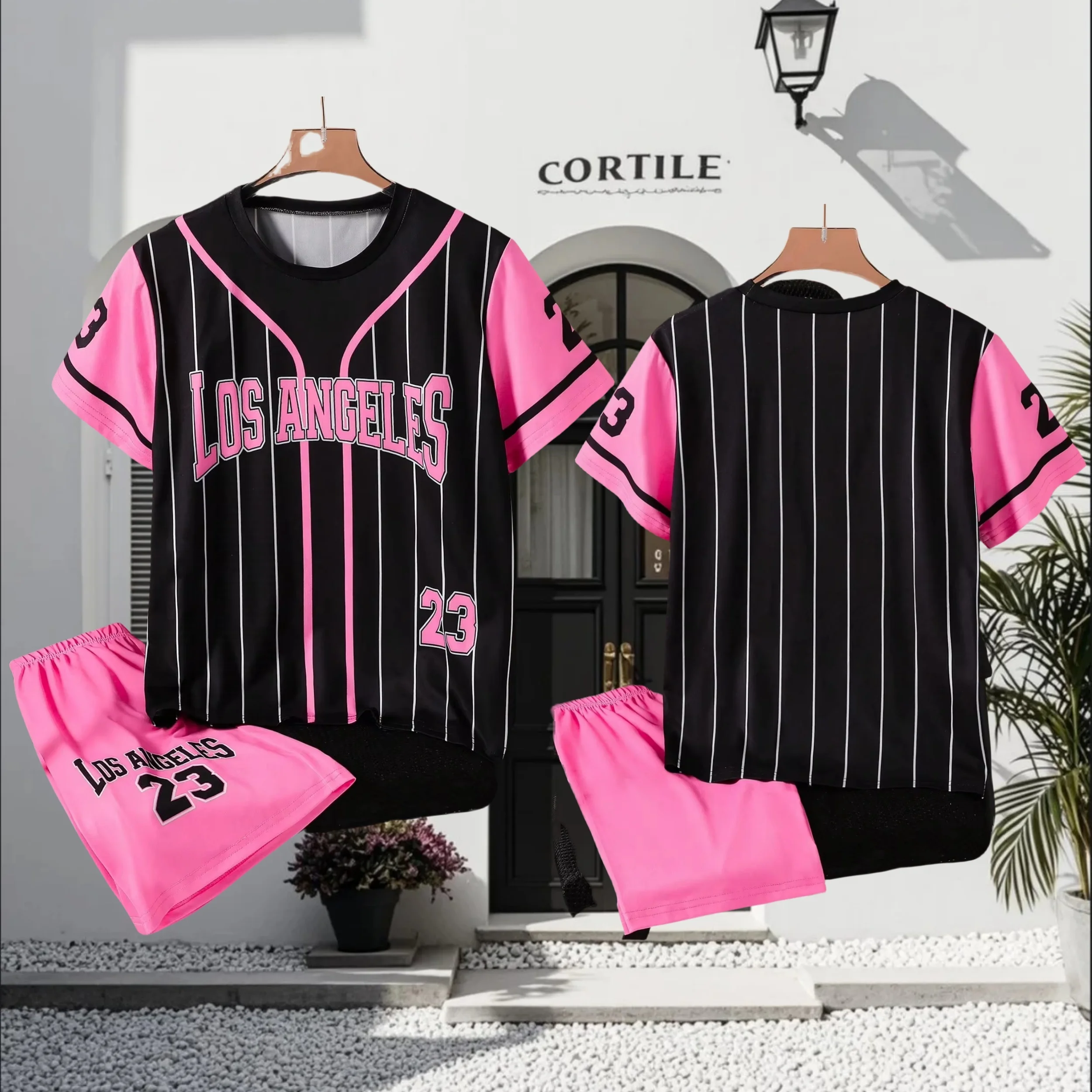 

2025 Summer New MEN Children's Set Outdoor Sport Quick Dry Baseball Style 23-letter Los Angeles Striped Round Neck Short Sleeve