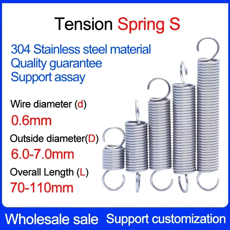 

10PCS Wire Diameter 0.6mm Length 70-110mm 304 Stainless Steel Tension Spring S-type Spiral Open Tension Spring