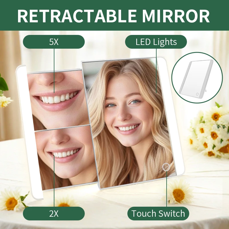 

Telescoping Makeup Mirror with Lights Touch Screen Vanity Mirror Invisible drawing cosmetic mirror with 1X 2X 5X Magnification