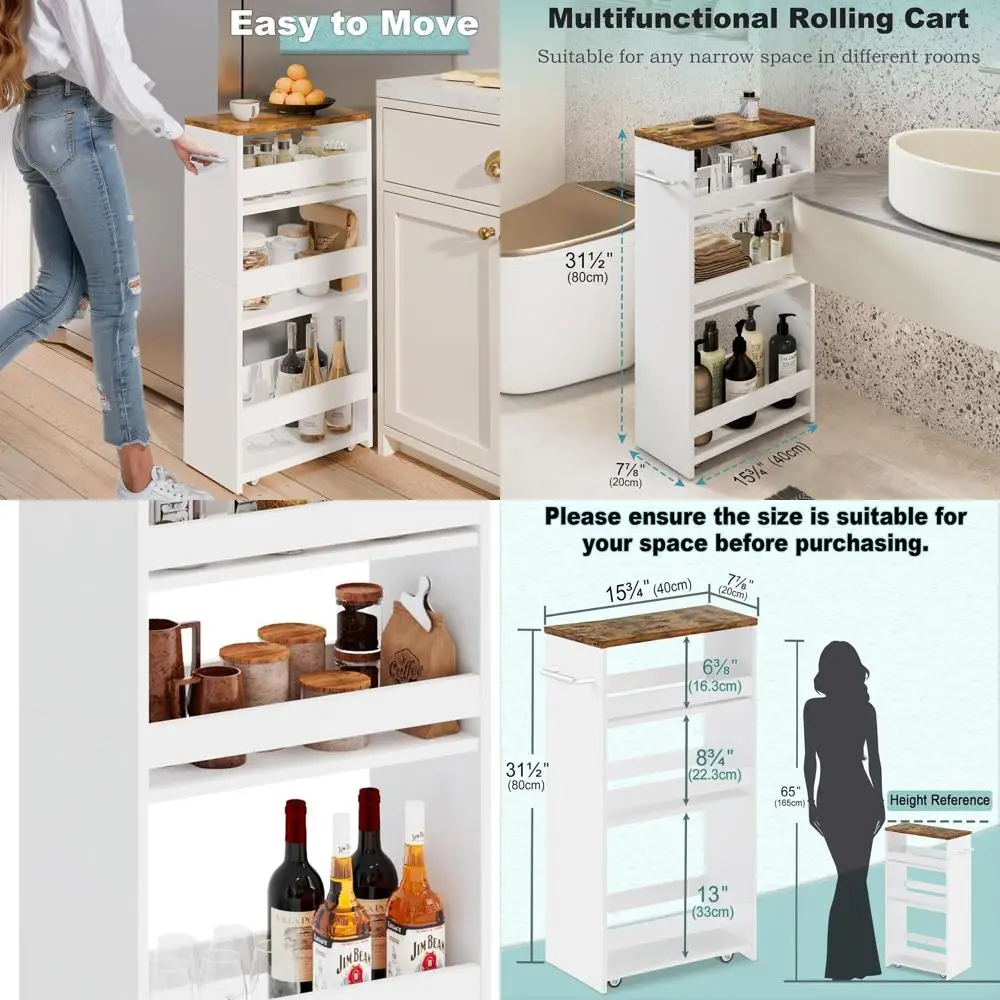 4-Tier Slim Kitchen Cart with Wheels, White, for Compact Spaces - Ideal for Bathroom, Laundry, and Storage Organization