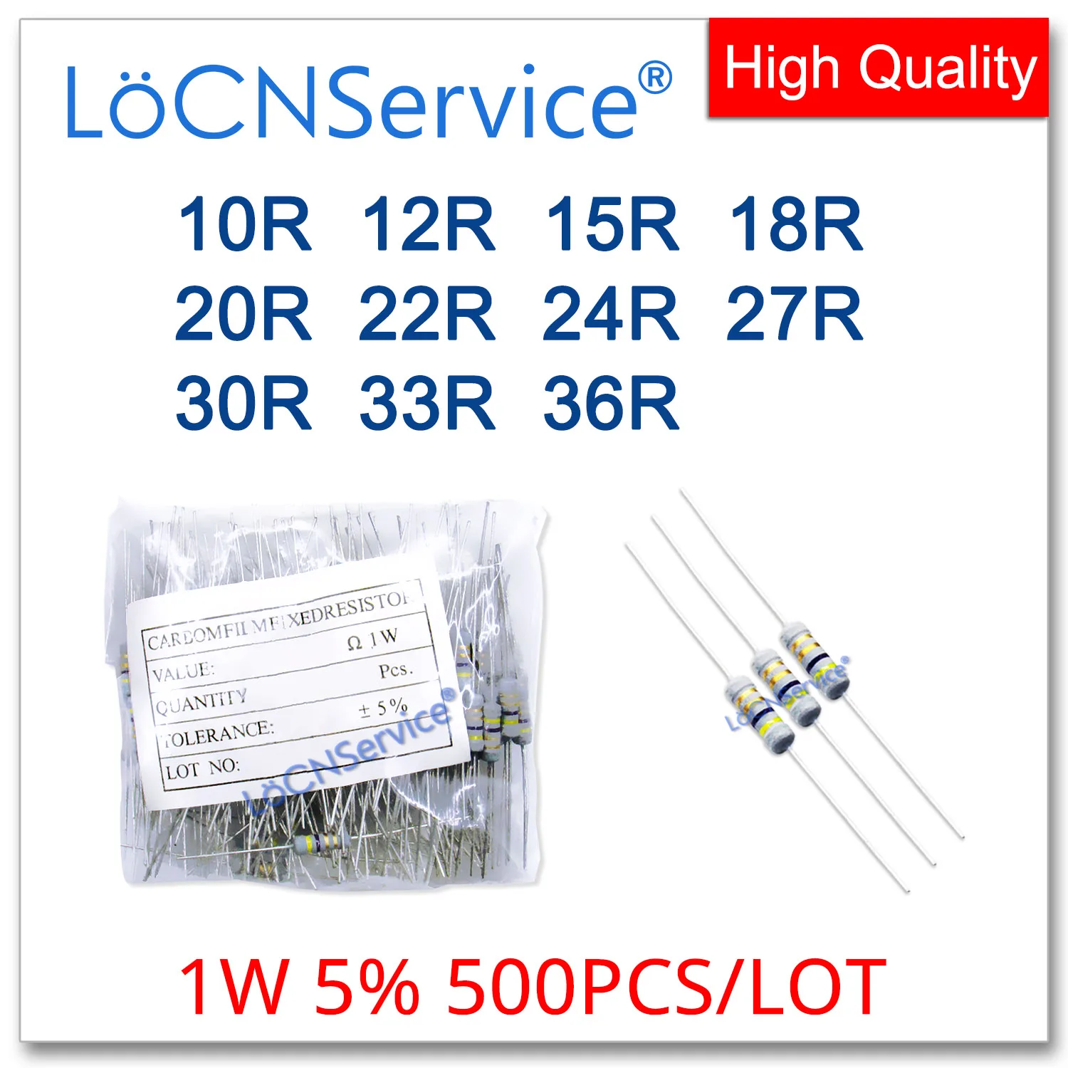 LoCNService 500PCS/LOT 5% 1W 10R 12R 15R 18R 20R 22R 24R 27R 30R 33R 36R Carbon Film Resistor DIP OHM