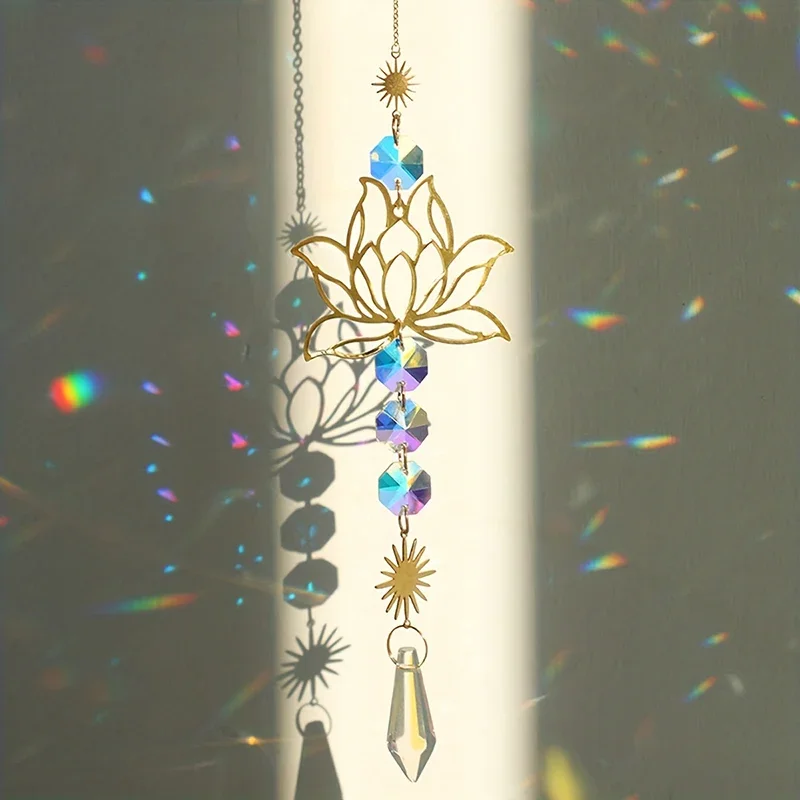 

1PcMetalLotusandArtificial Crystal Suncatcher Charm Handmade Applicable Home Wind Chime Pendant Outdoor Garden Plant Decoration