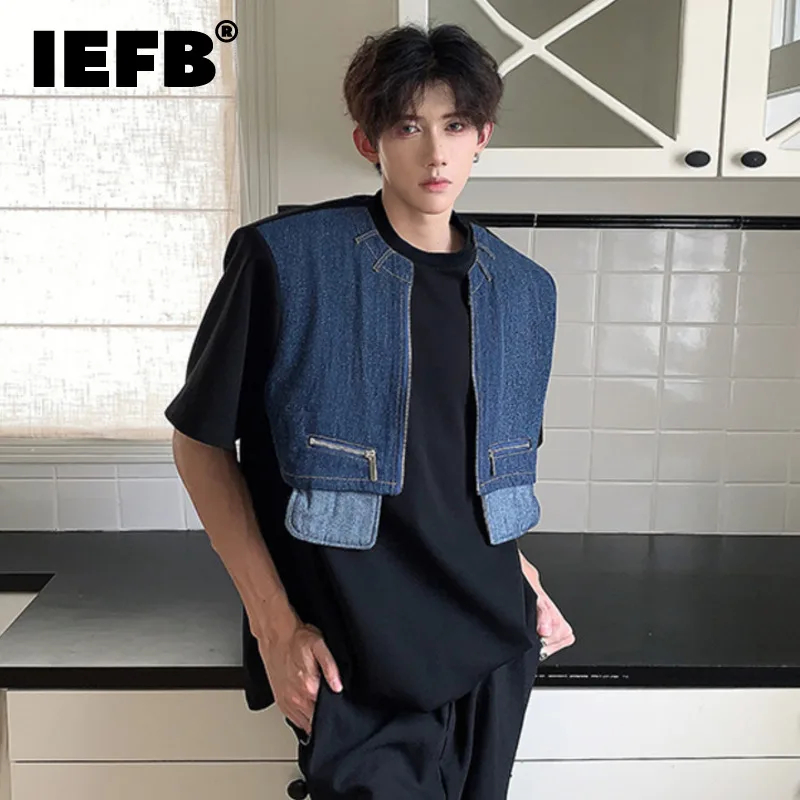 

IEFB Niche Design Male Fake Two-piece T-shirt Denim Vest Spliced Short Sleeve T-shirts Shoulder Pad Men Fashion Tide 9C6180