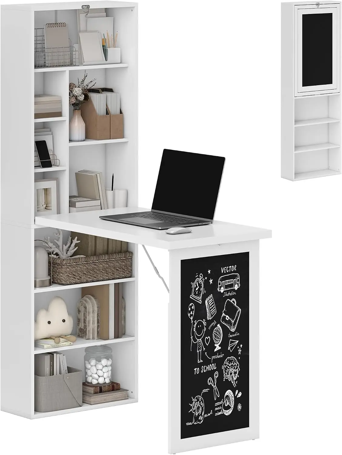 Foldable Convertible Writing Table Computer Desk Wall Mounted Space Saving Chalkboard Storage Shelves Organizer Unit Container Box Rack Tray Home Office Bedroom White