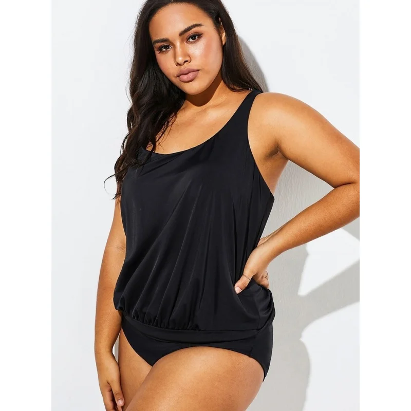 Solid Color Tankini Two-Piece Swimsuit for Women, Conservative Loose Plus Size Swimwear