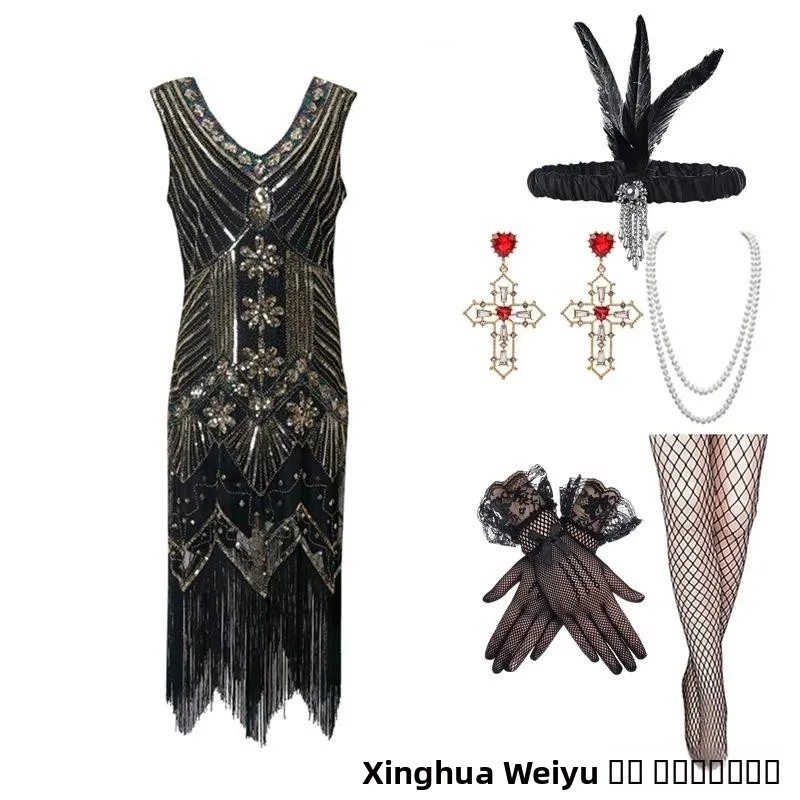 920s eat Gatsby Evening Dr Tassel Large Size V-ne Dr Set Banquet Gown Ele Retro Sle Women's Faion