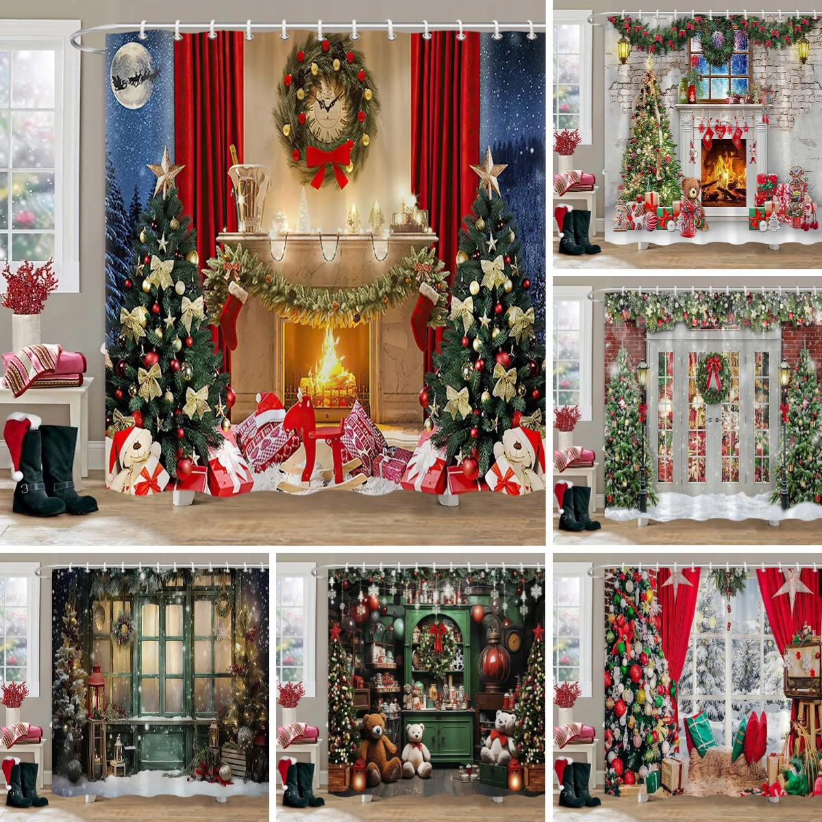 

Christmas Backdrop Shower Curtain Holiday Gifts Fireplace Christmas Tree Garland Fabric Bath Curtains Bathroom Decor With Hooks
