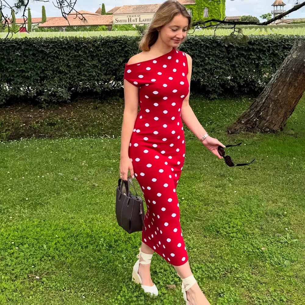

Ticketsx Red Polka Dot Knit Dress Female Summer Sleeveless Printed Off-Shoulder Dress Fashion Vintage Elegant Women Casual Dress