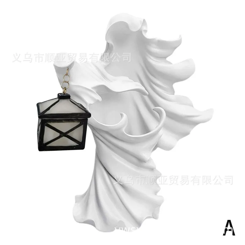 Halloween Witch Resin Lantern Decoration Hell Bringer with Lantern Terrifying Ghoul Garden Decoration Angel Statue   Escultura