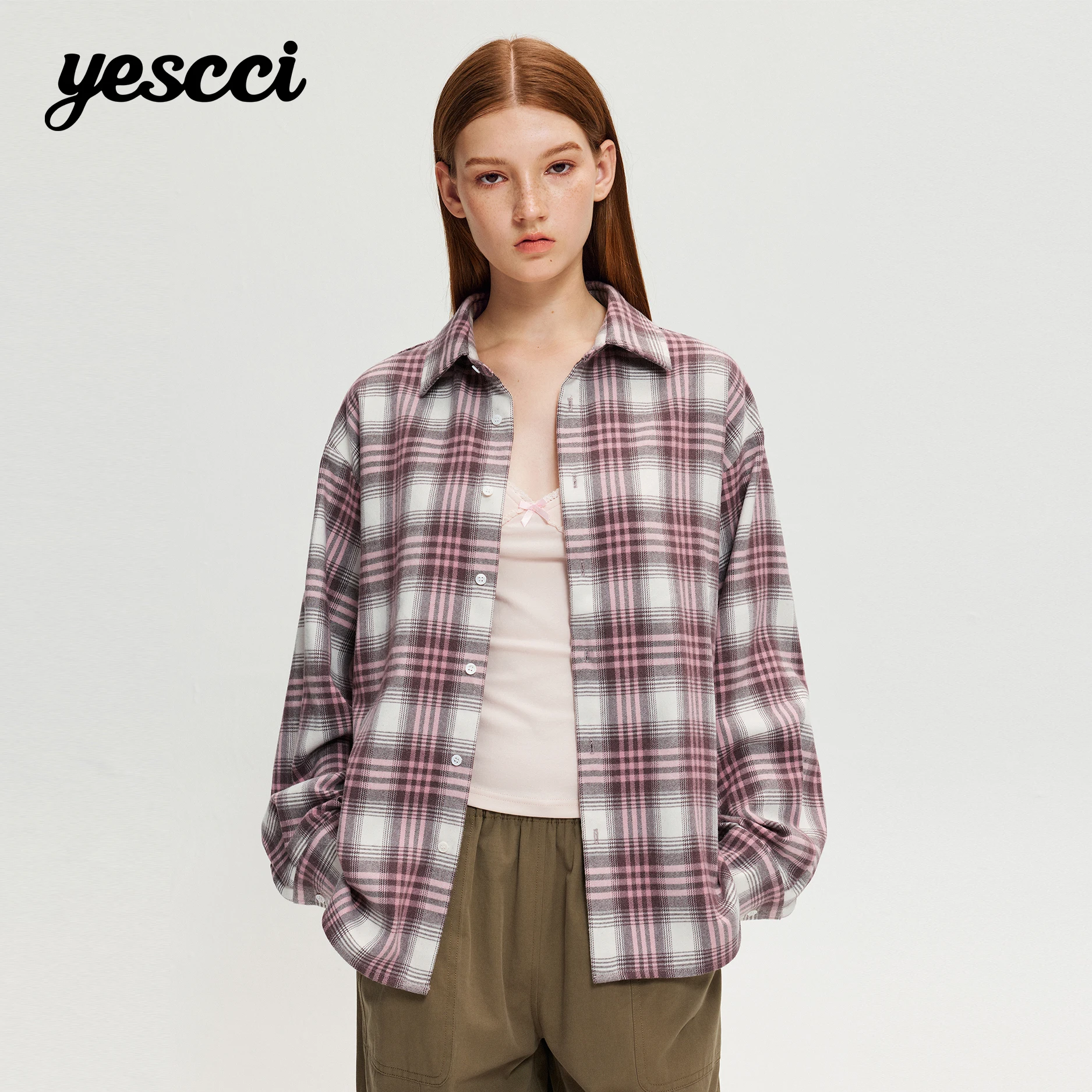 YESCCI Women's Plaid Shirt 2026 Autumn New Vintage Pink Check Loose Blouse Embroidery Drop Shoulder Long Sleeve Tops Y316082181