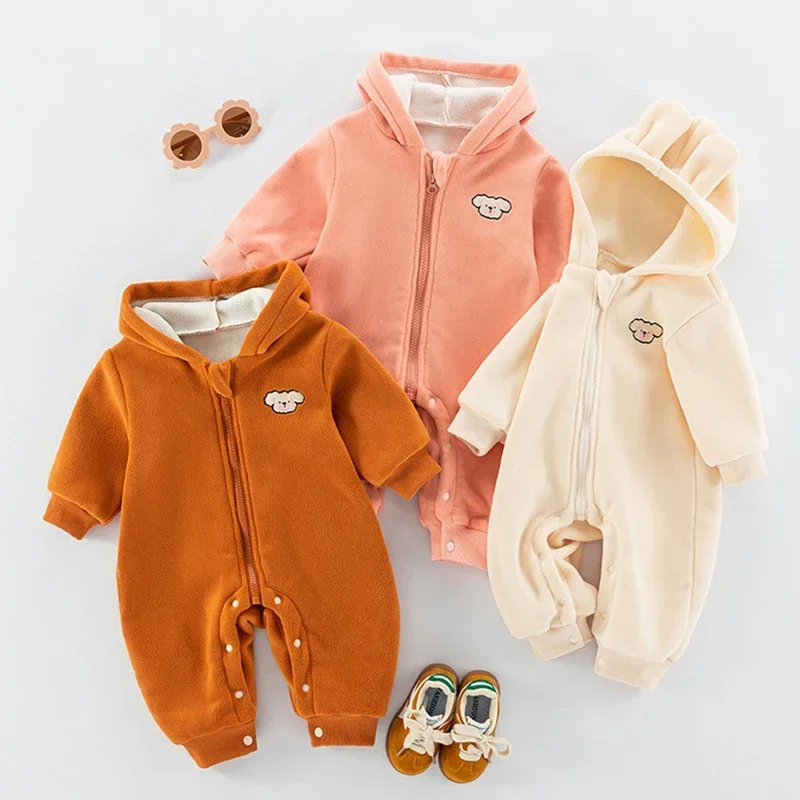 

2024 New Autumn Baby Clothes 3-24M Infant Girls Double-sided Fleece Romper Boys Solid Color Cartoon Hooded Jumpsuit