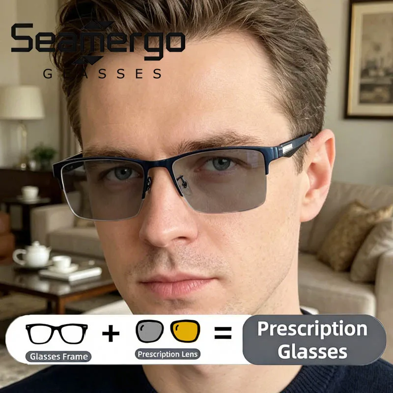 

SEAMERGO Men Photochromic Prescription Glasses Women Half Frame 1.56 Index Optical Lenses with Recipe Unisex Customized Eyewear