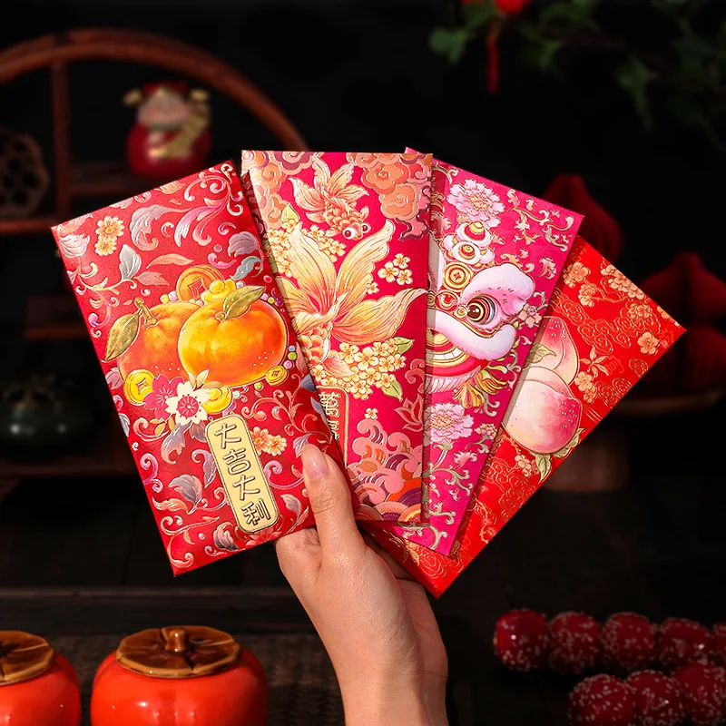 

6pcs Personalized Hot Stamping Chinese New Year Red Envelope Mixed Pattern Rectangular Red Packet Solid Thickened HongBao 2025