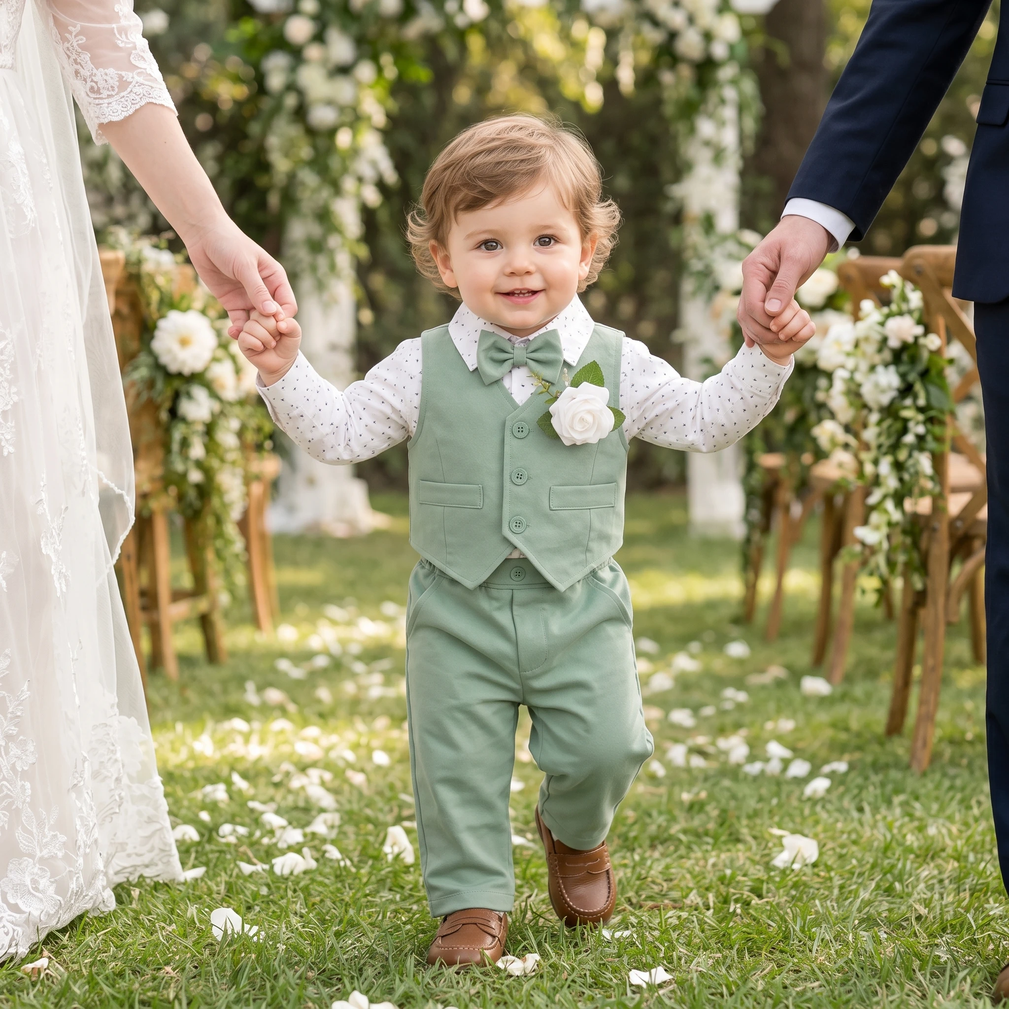 Infant Boy Wedding Ring Bearer Suit Sage Green Waistcoat Trouser Set Newborn British Style Toddler Formal Party Baptism Outfit