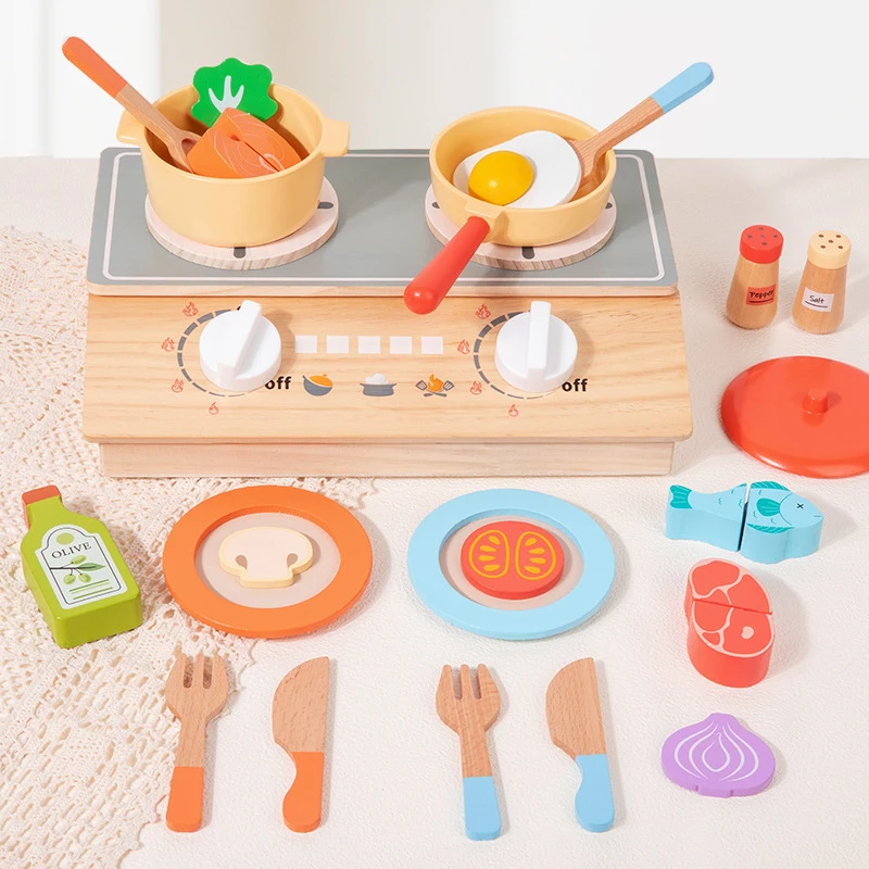 かわいい木製キッズプレイキッチンおもちゃ、シミュレーションフード調理器具、ごっこ遊び、男の子女の子への誕生日プレゼント