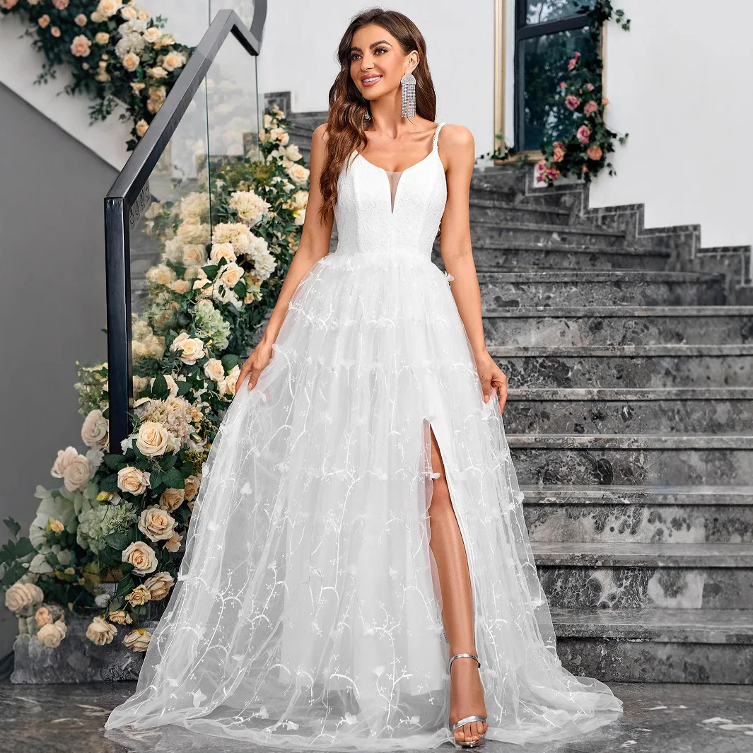 

Summer New Mesh Skirt V-neck Back Strap Solid Color Elegant Dress Spring Birthday 2025 Summer Dress Robe Vestido Women Party