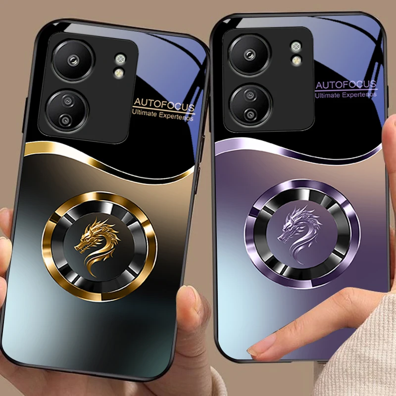 Gradient Circle Dragon For Xiaomi Redmi 13C Note13 12 Pro Plus 5G Note 9 13T Pro POCO X6 F5 F6 Black Tempered Glass Phone Case