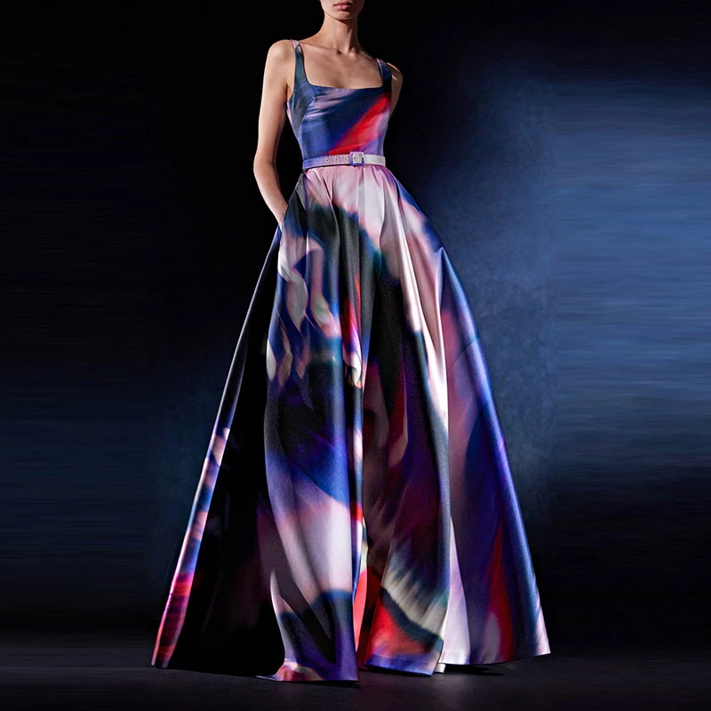 

2025 Summer New Women's Square Neck Rainbow Print Halter Dress Y2K High Waist A-Line Long Skirt High Quality Fashionable Gown