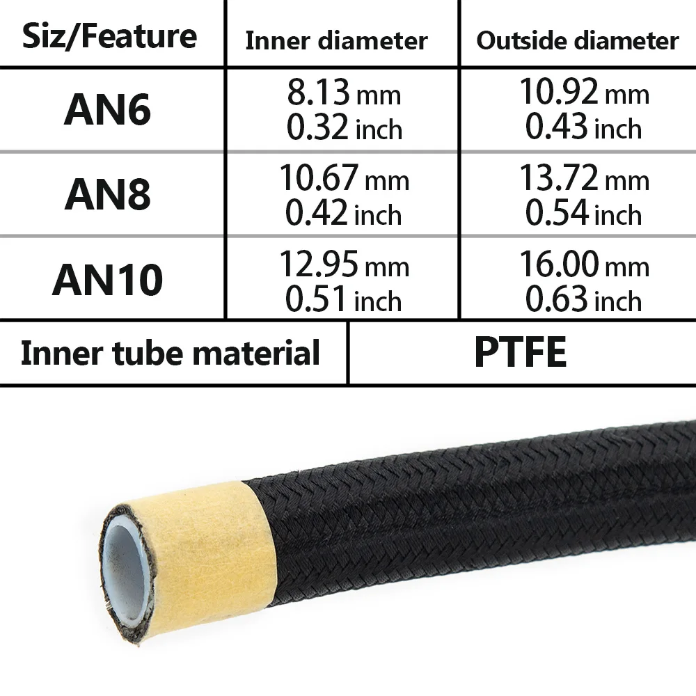 شحن مجاني 10/20 قدم 3m/6m AN6 AN8 AN10 PTFE أنبوب وقود النفط النايلون مضفر داخل PTFE