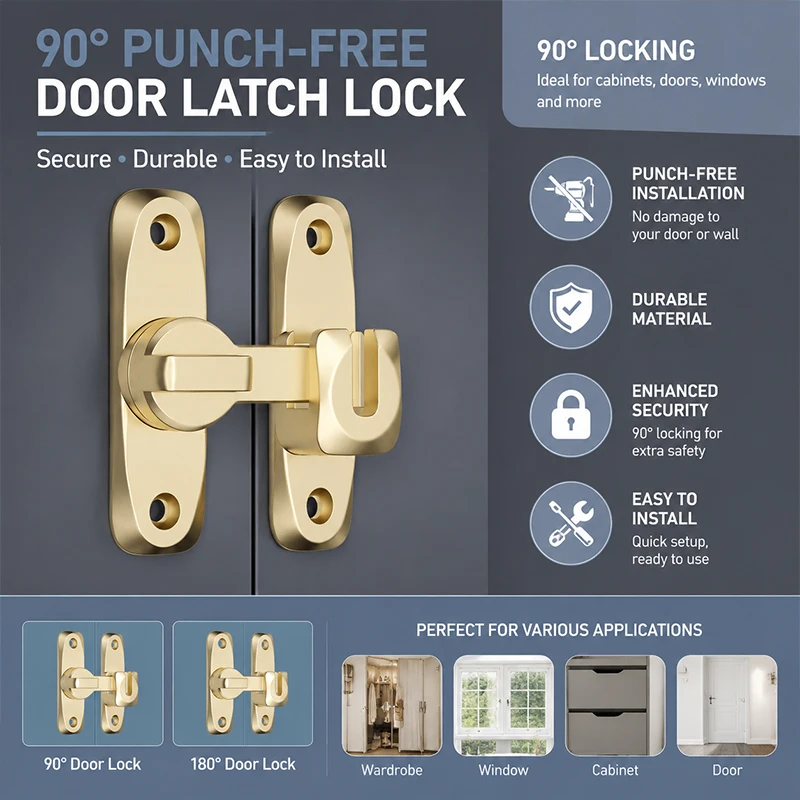 No-Drill 90°Sliding Door Lock Anti-Theft Barn Door Bolt Latch Push-Pull Door Catch Buckle for Sliding Doors