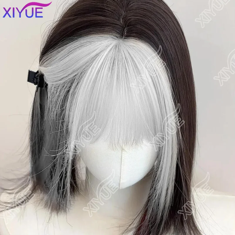 XIYUE 14 بوصة أسود الهواء الذهب الانفجارات شعر مستعار الاصطناعية مستقيم الطبقات مستقيم الباروكات الألياف مقاومة للحرارة حفلة أو صورة شخصية للنساء ب