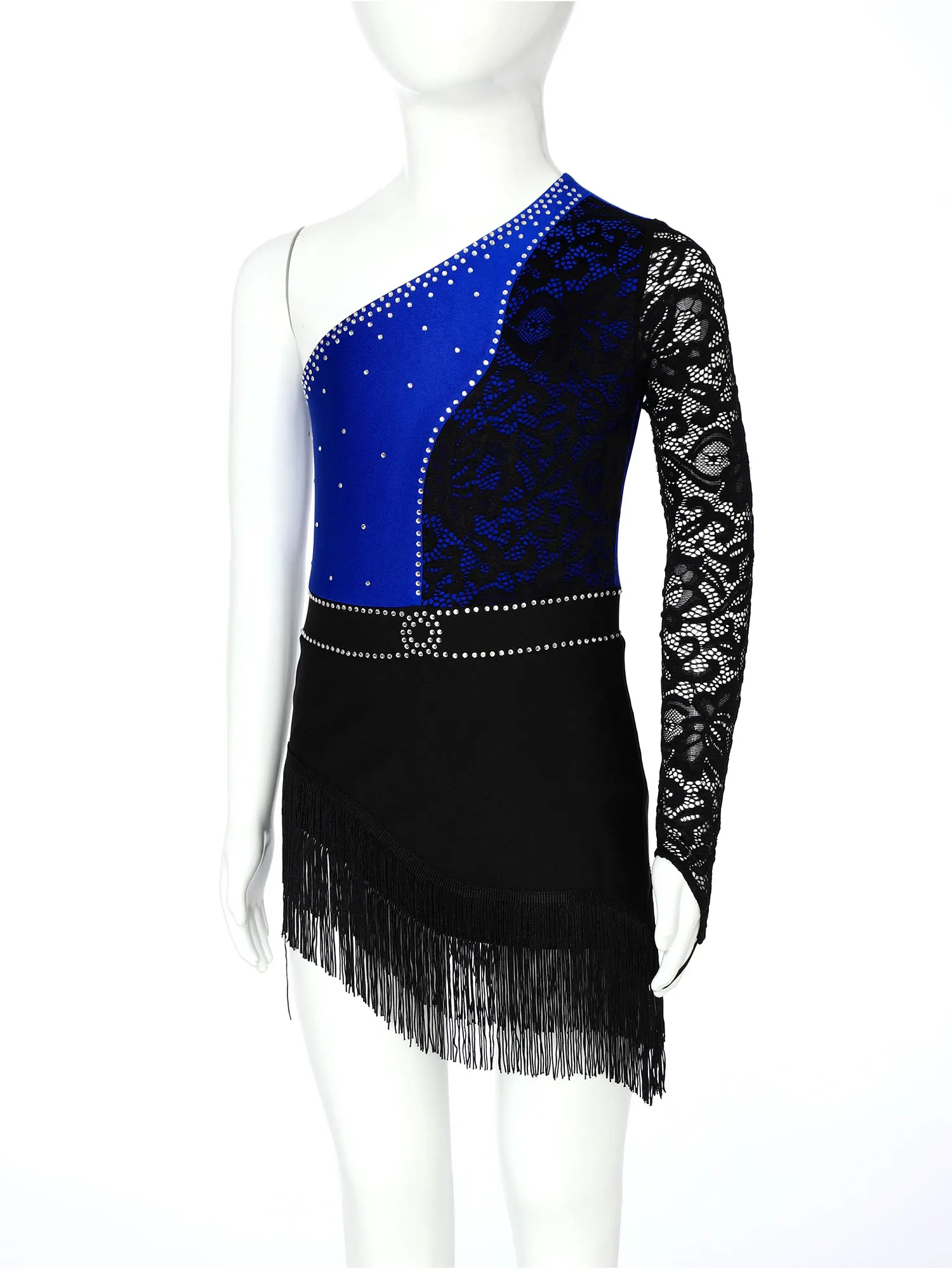 Kids Girls Jazz Latin Dance Dress Shiny Rhinestones Lace One Long Sleeve Tassels Dancewear Samba Rumba Cha Cha Dance Costume