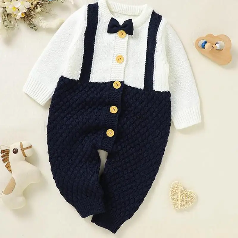 

Autumn Winter Baby Clothes Boy Infant Gentleman Knitted Cardigan Romper Fashion Kids Bow Knit Jumpsuit Toddler Casual One-piece