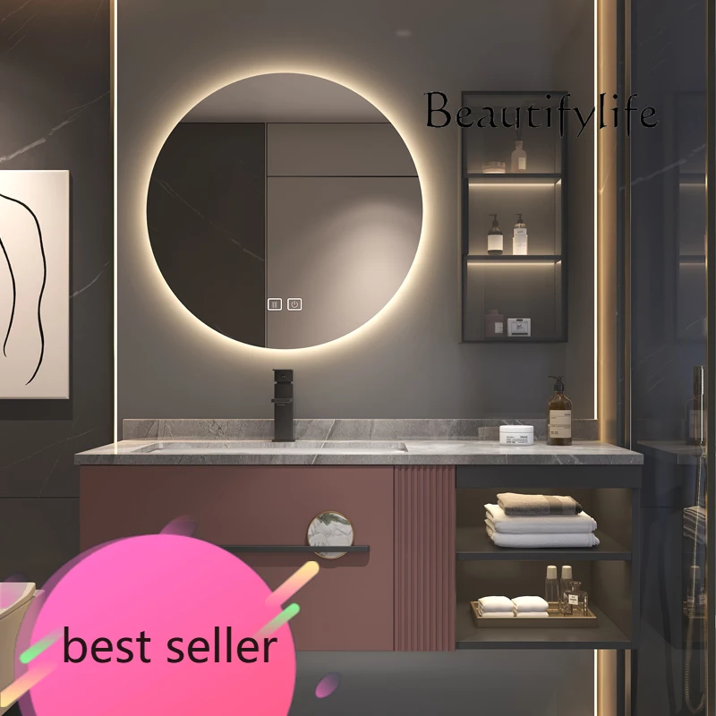 

НОВАЯ каменная плита, встроенная бесшовная раковина, шкаф для ванной комнаты, комбинированный шкаф для ванной комнаты из цельного дерева, светильник, роскошный умывальник