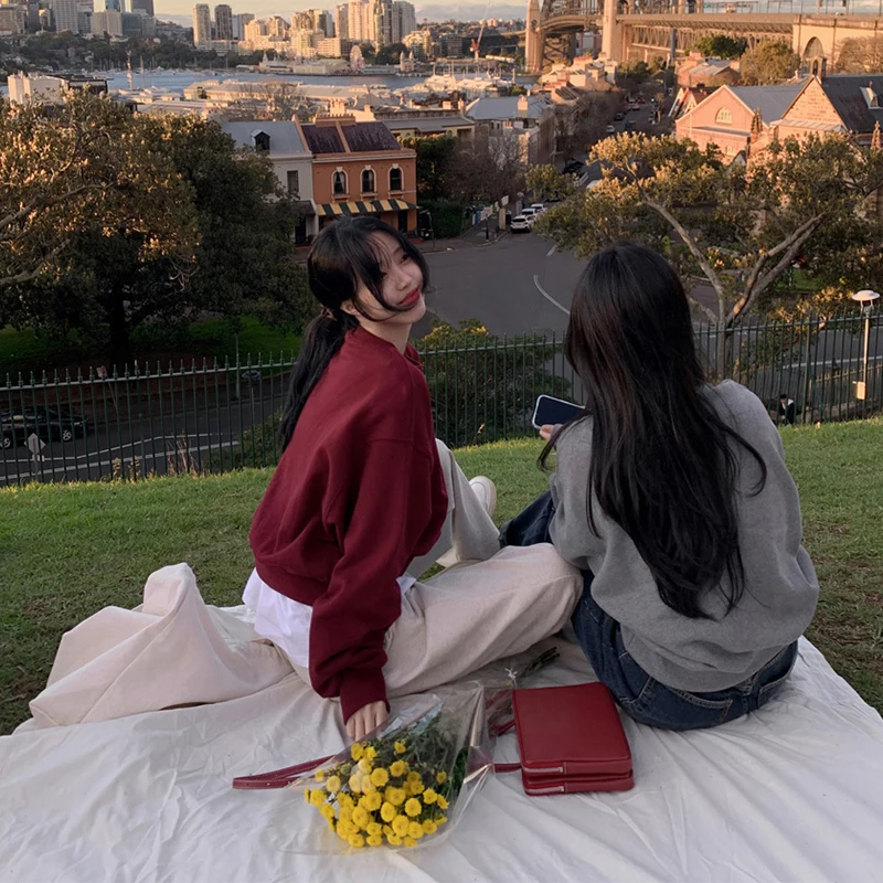 

MEXZT уличная одежда красные толстовки женская мода Harajuku укороченные розовые пуловеры осень-зима корейская повседневная одежда с длинными рукавами