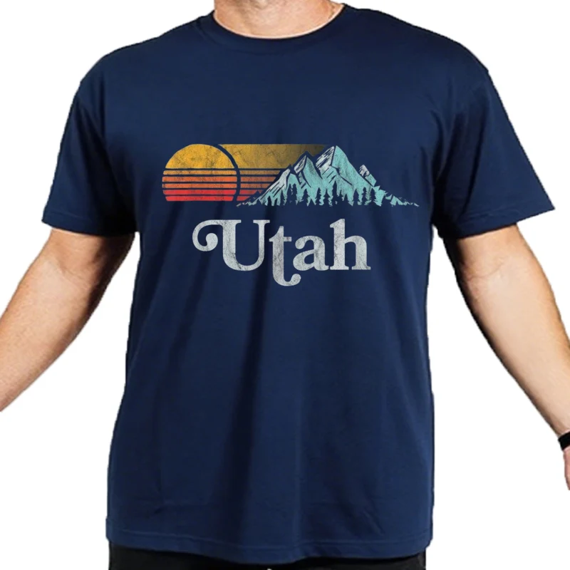 Utah montagne coucher de soleil années 80 retro gráfico camiseta especial dessin animé camiseta coton camiseta pou