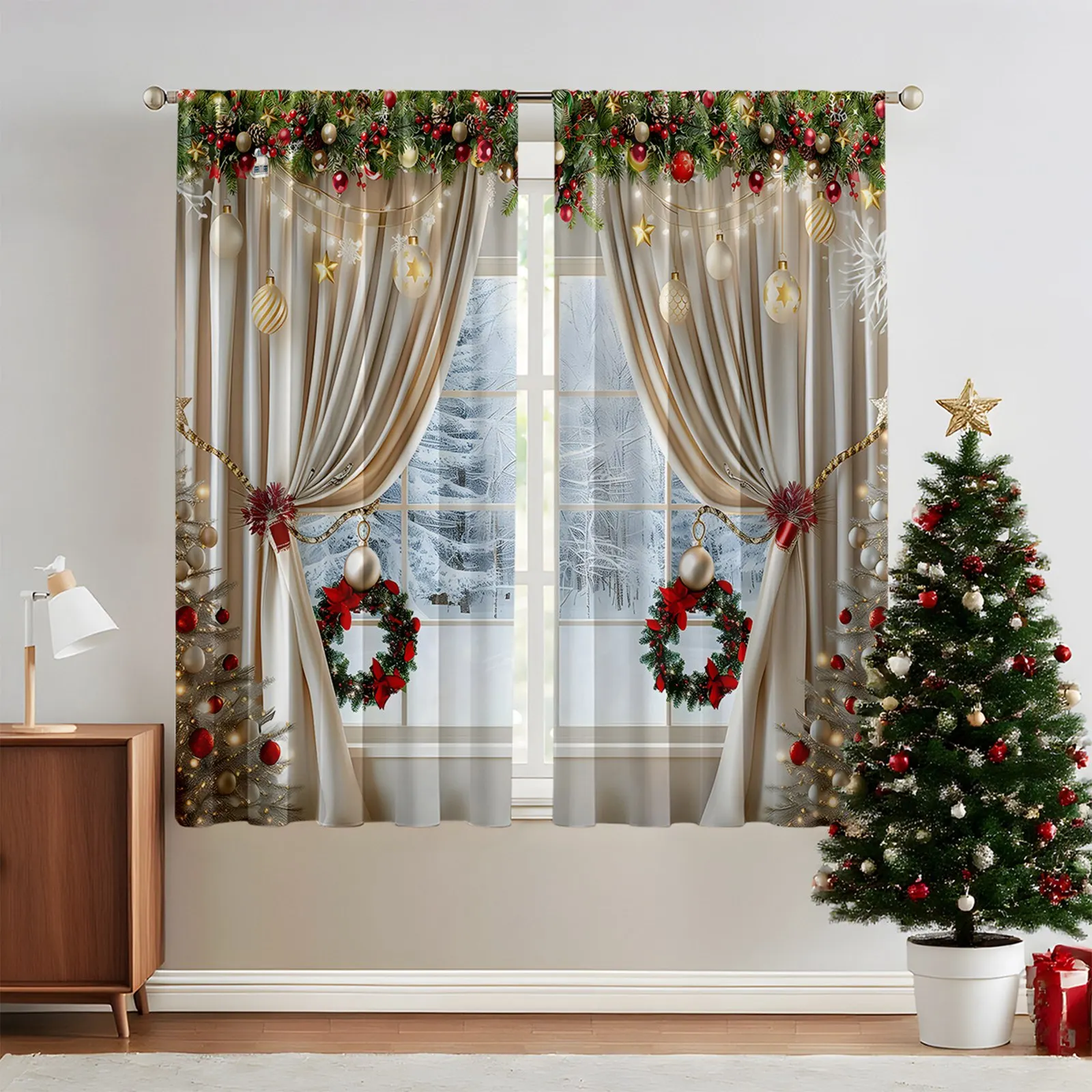 2 Pieces Of Classic Twill Weave Christmas Decoration Printed Curtains, Bedroom And Living Room, Home Decoration, Room Decoration