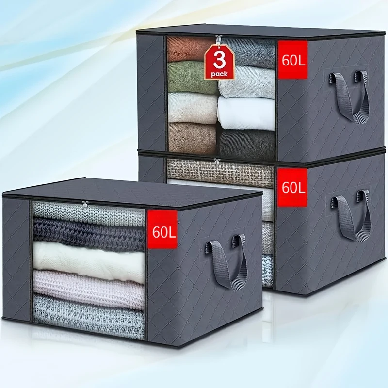 3Pieces，Extra-large storage bag，With zipper and cover - Foldable and durable clothing organizer bag，Suitable for bedding、Blanket