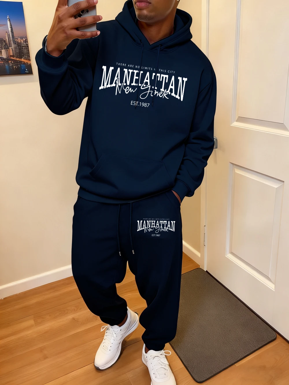 2 قطعة مجموعة هوديي رجالي مانهاتن نيويورك الكلمات المطبوعة Sweatpants رياضي جيب فضفاض الركض وتتسابق الخريف الصوف الملابس الدافئة #1