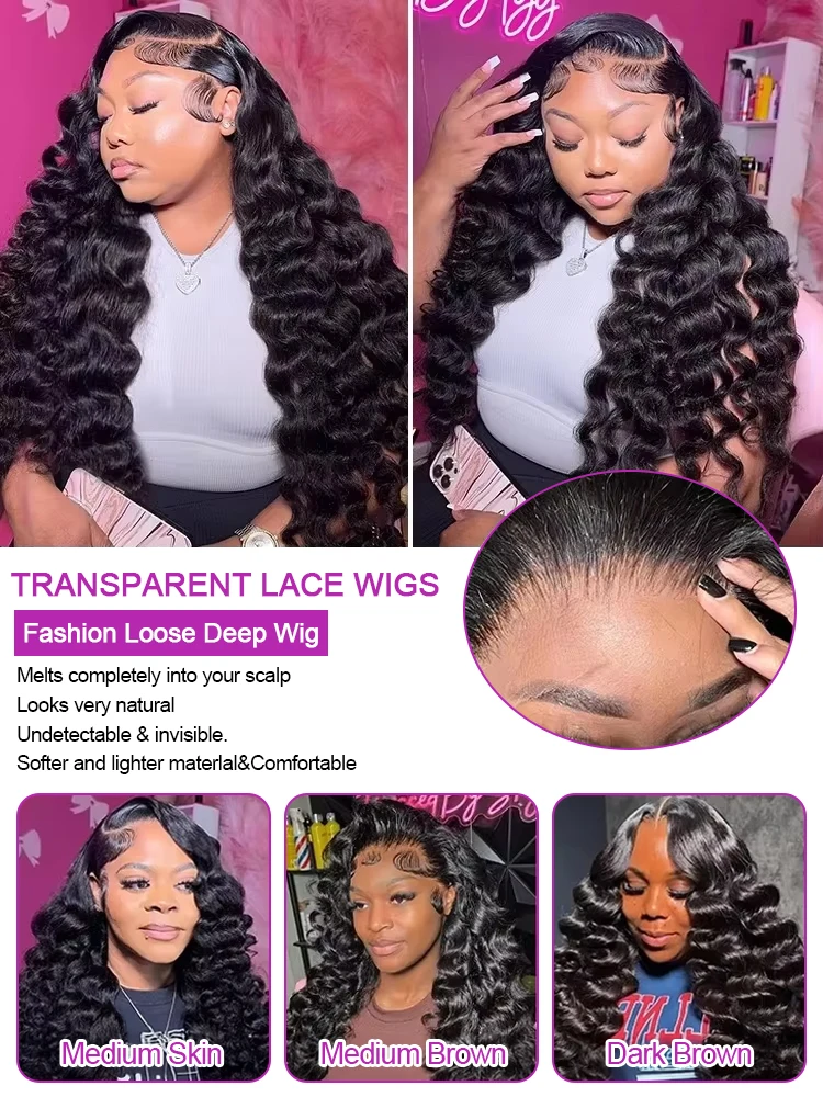 250 Density 40 42 Inch Loose Deep Wave Wigs 100% Brazilian Curly Wig Human Hair Wig 13x4 13x6 HD Transparent Lace Frontal Wig Pre Plucked Natural Black 360 Full Lace Front Human Hair Wigs For Women view 5